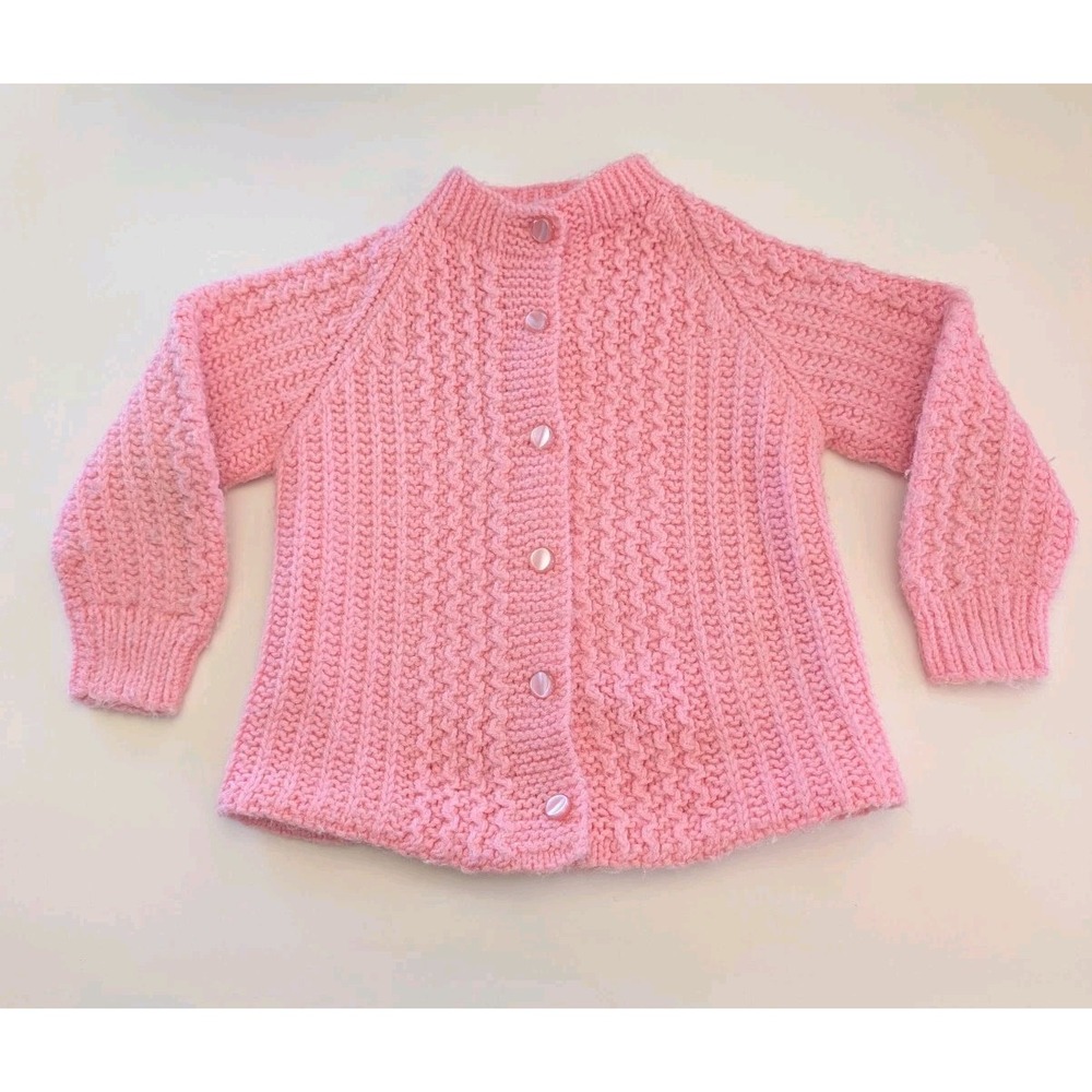 Vintage Girls Hand Knit Crochet Sweater Cardigan Pink Mixed Stitch Handmade 2T?